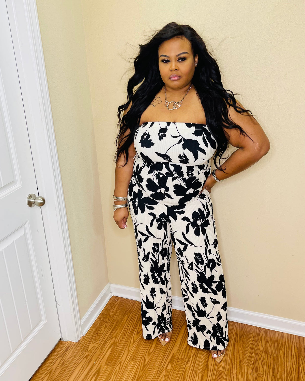 Black Floral Printed Strapless Tube Jumpsuit With Belt