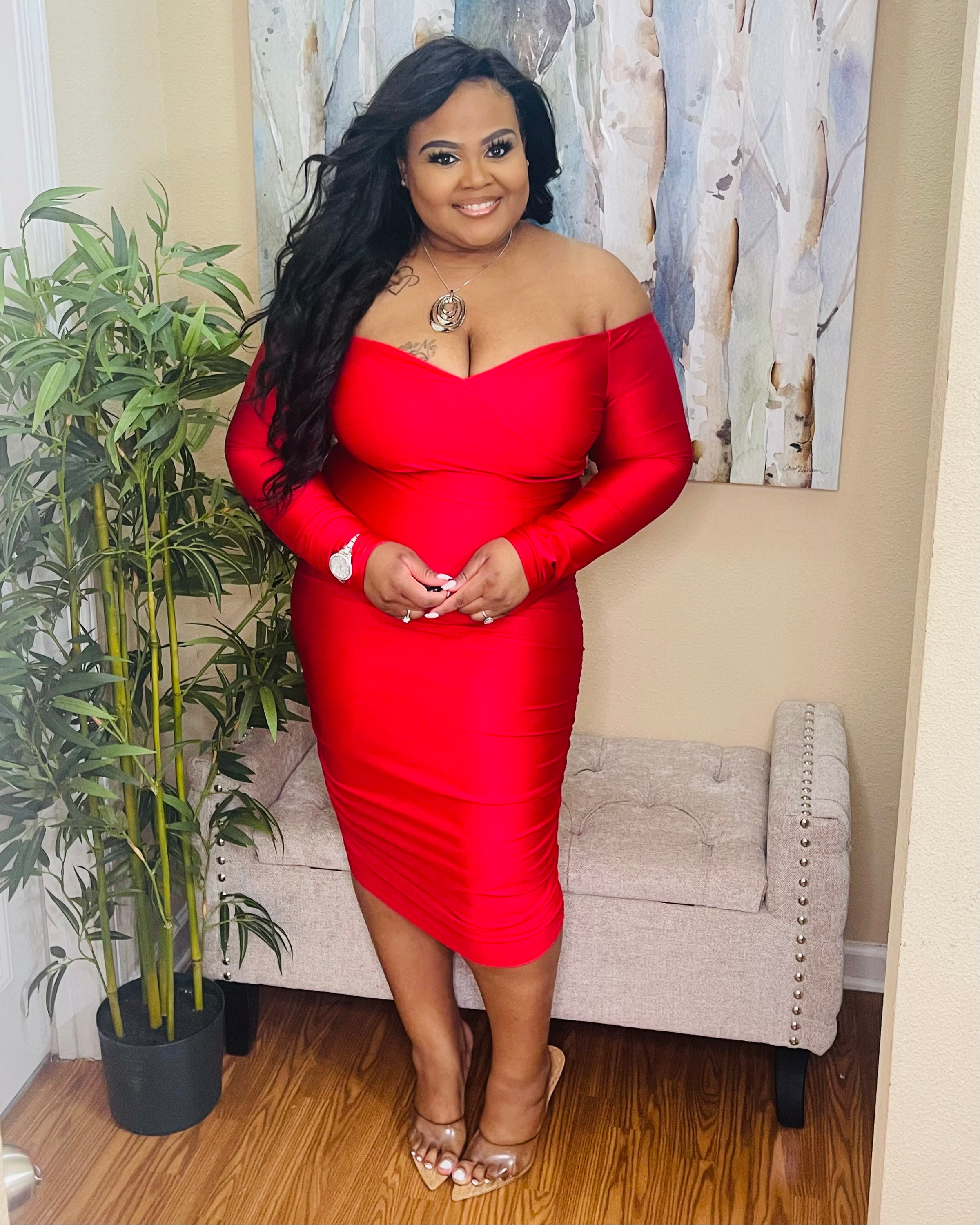 RED OFF SHOULDER PLUS DRESS