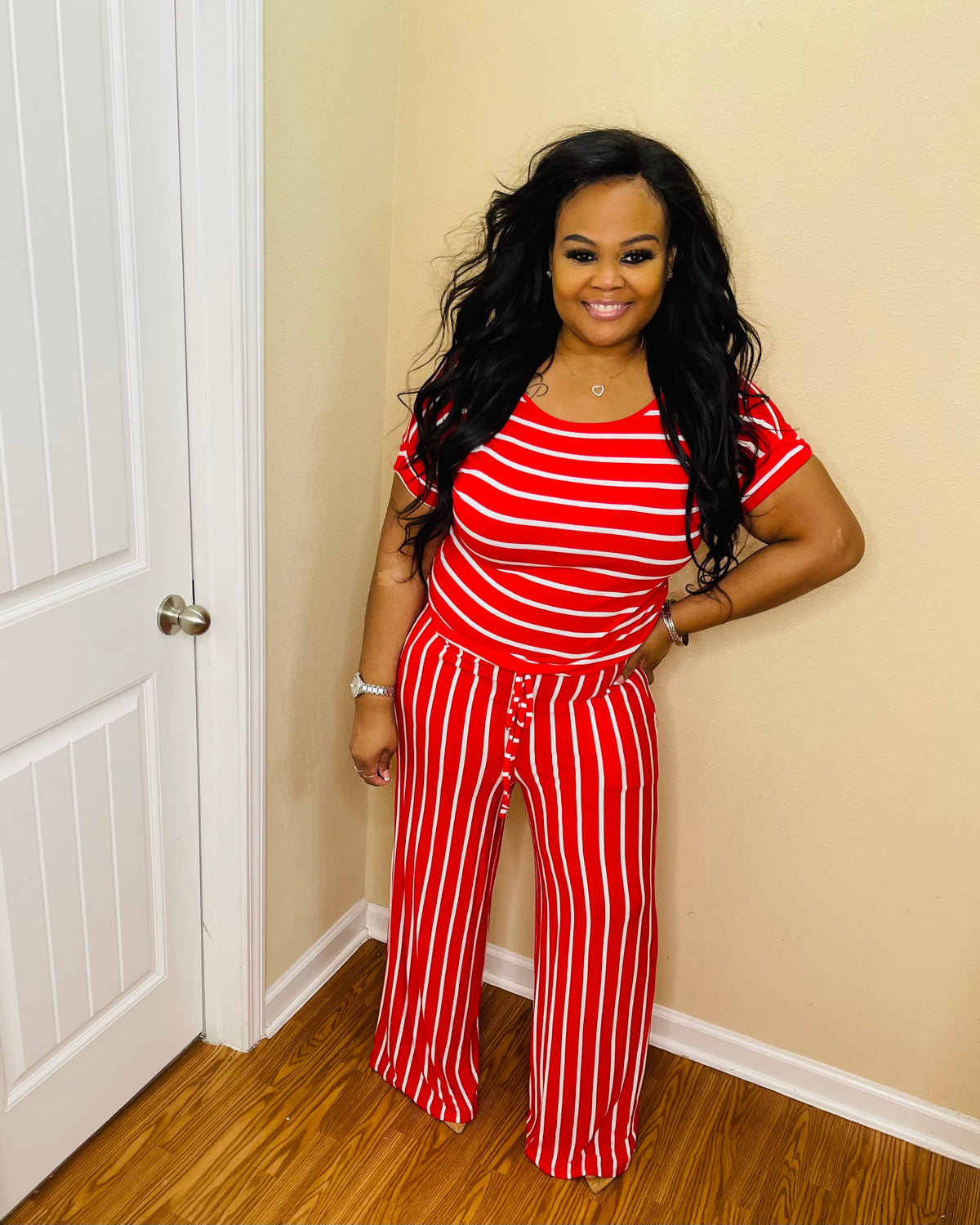 Red/Ivory Short Sleeve Jumpsuit