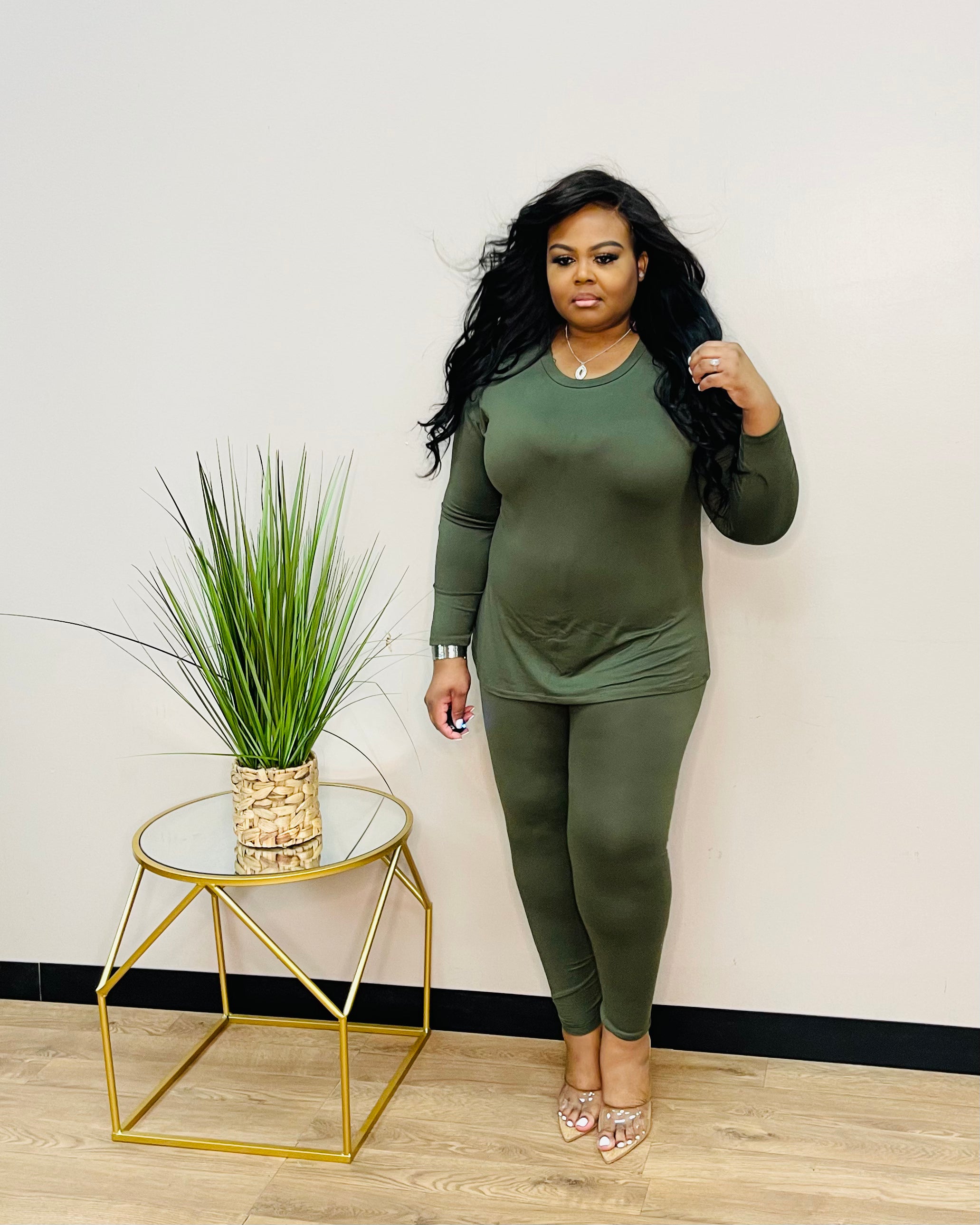 Olive round neck legging set