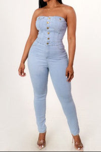 Light Denim Strapless Button Up Jumpsuit