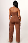 Brown Bandeau Wide Leg Pant With Fringes 2pc Set