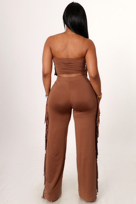 Brown Bandeau Wide Leg Pant With Fringes 2pc Set