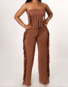 Brown Bandeau Wide Leg Pant With Fringes 2pc Set