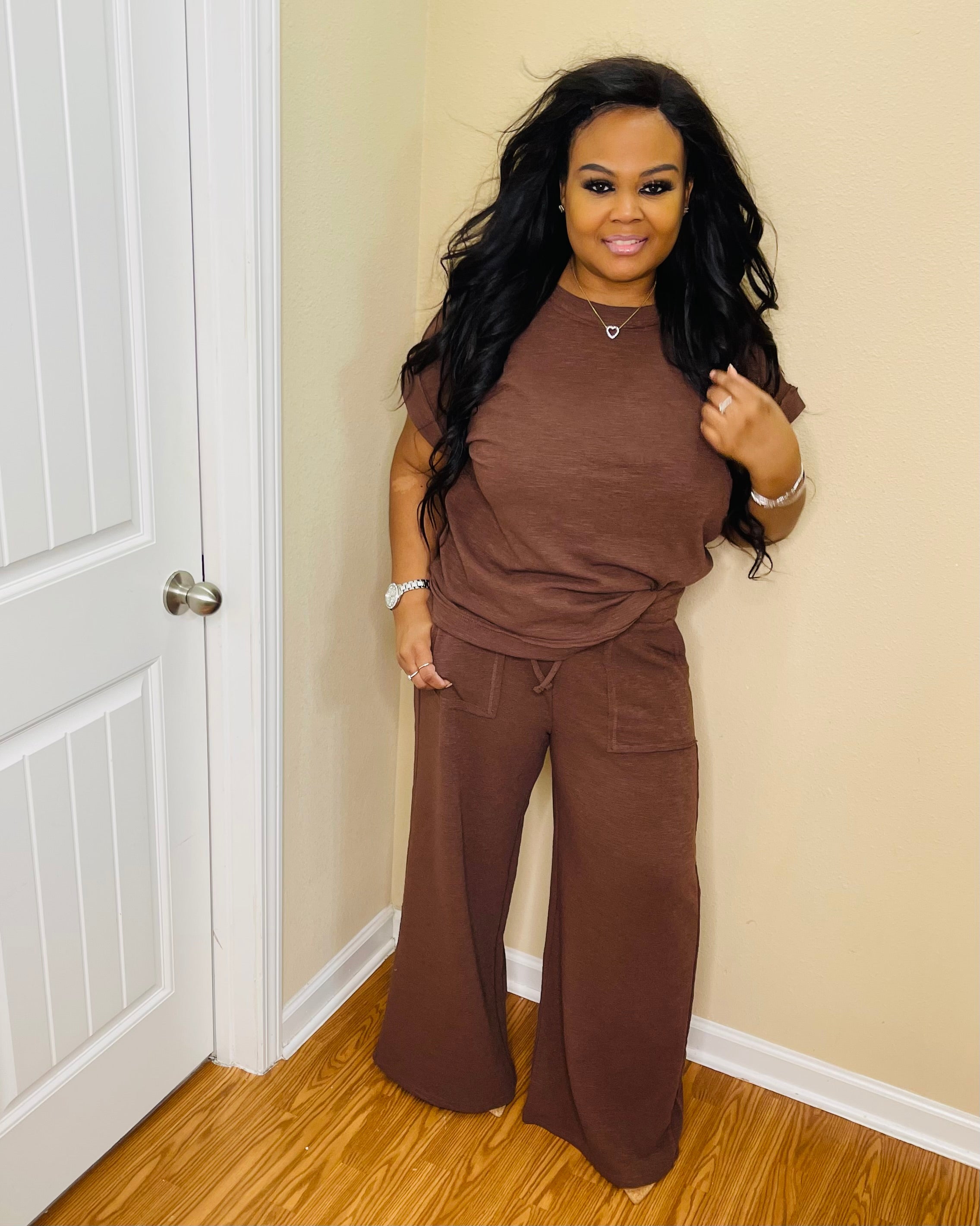 Brown Plus Slub Pant Set
