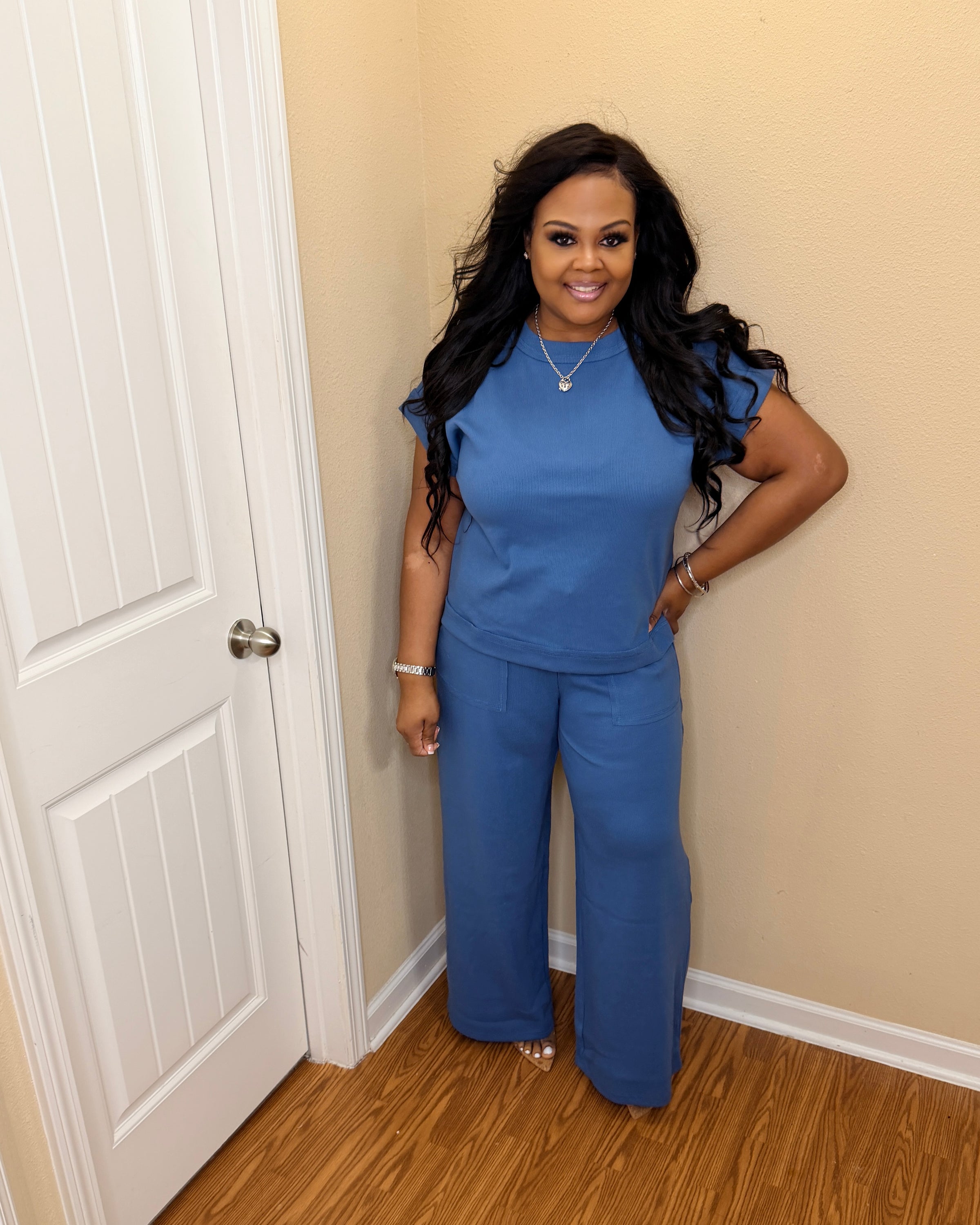 Dusty Blue Ribbed Short Sleeve Pant Set