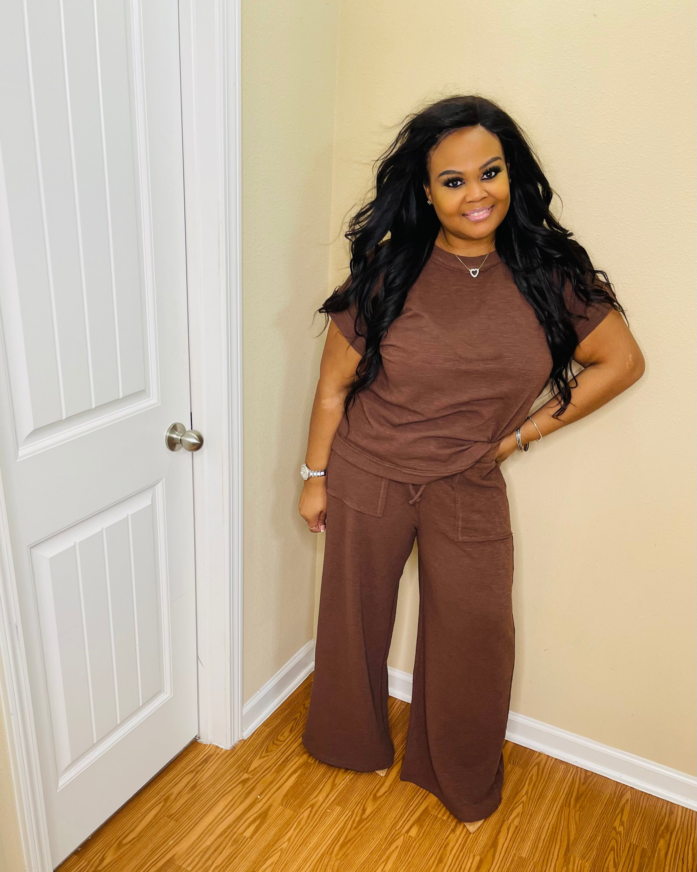 Brown Plus Slub Pant Set