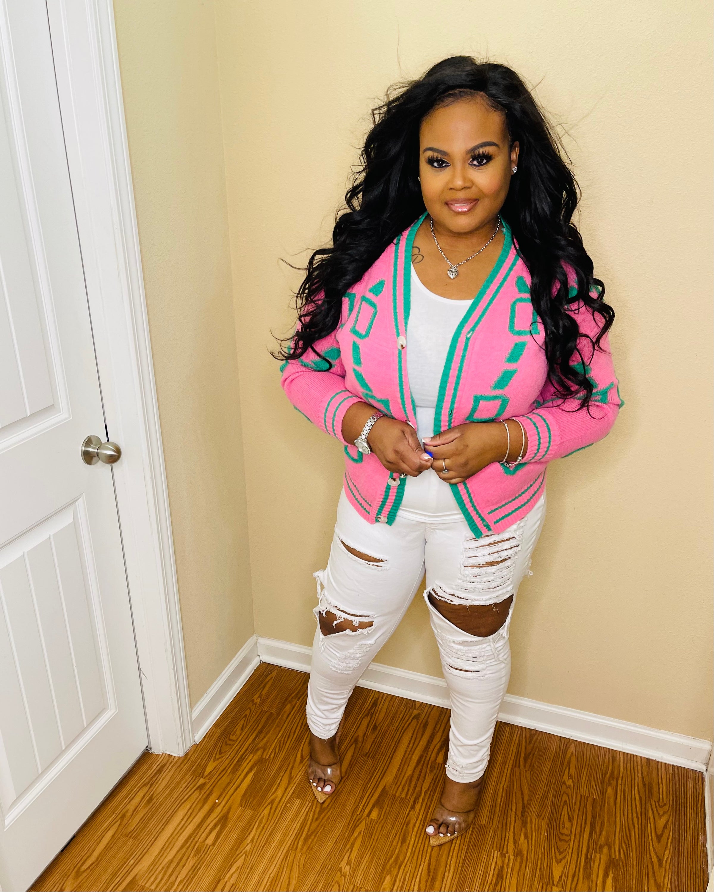 Pink/Green Button Sweater Cardigan