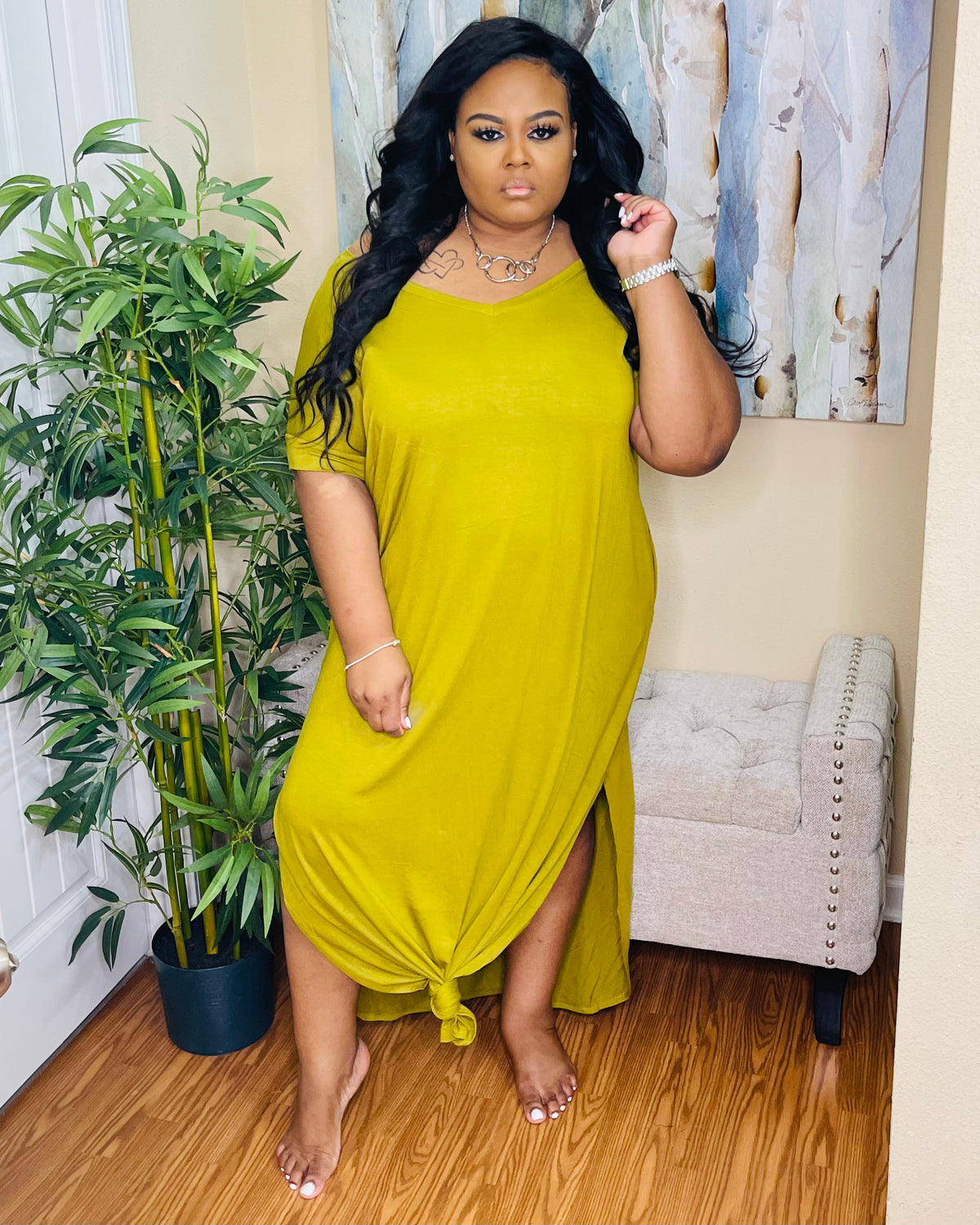 Olive mustard slit vneck maxi