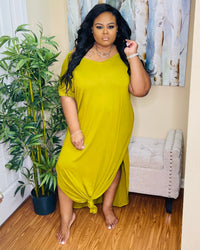 Olive mustard slit vneck maxi