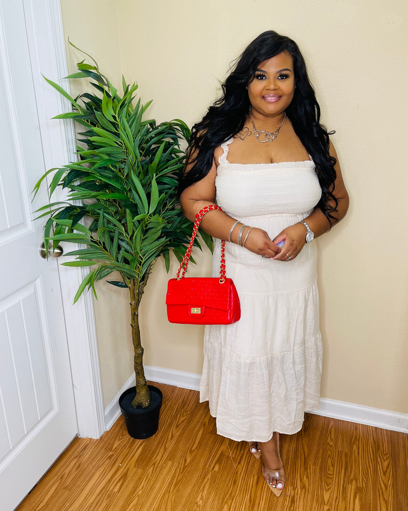 Beige Ruffled Strap Tiered Midi Dress