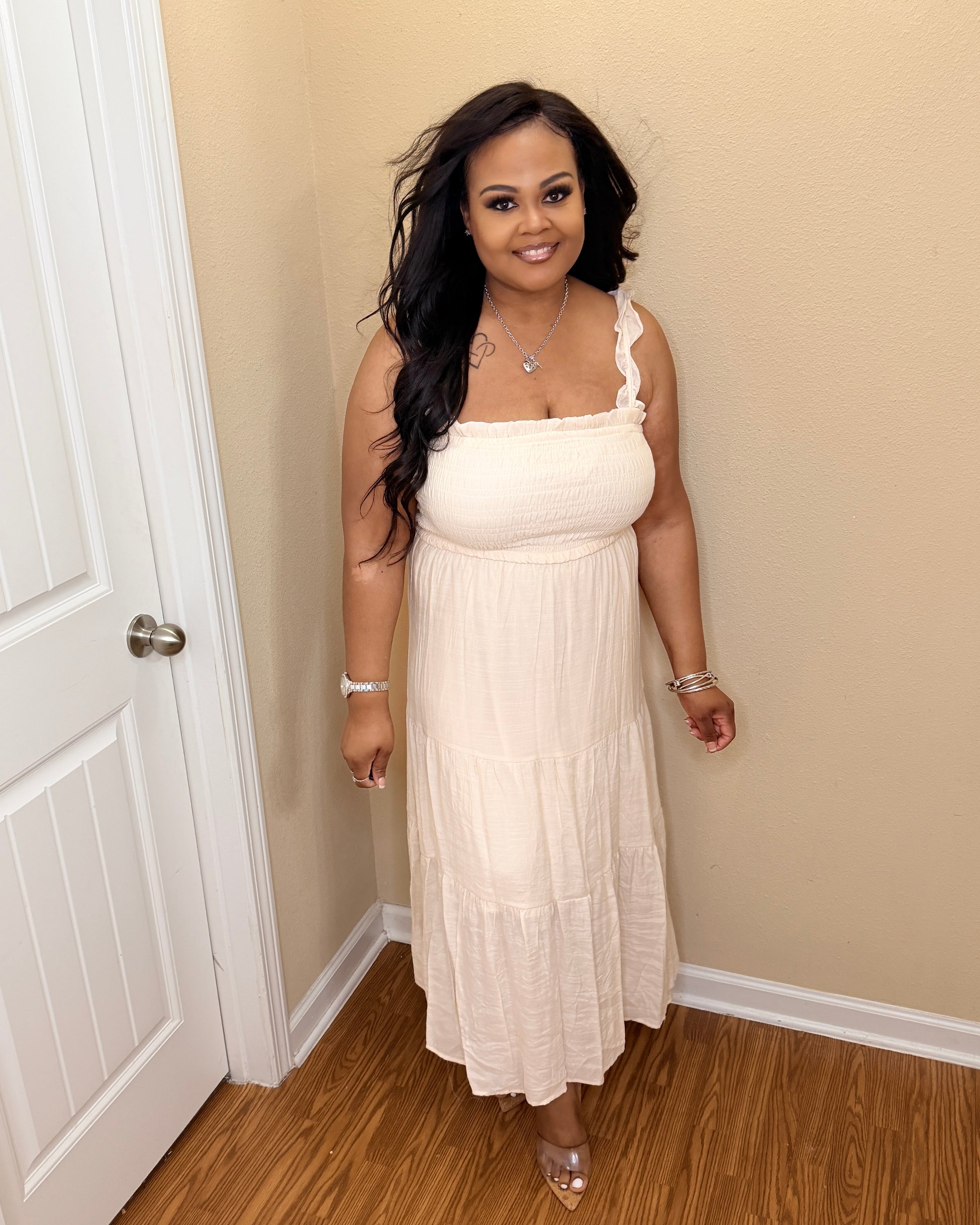 Beige Ruffled Strap Tiered Midi Dress