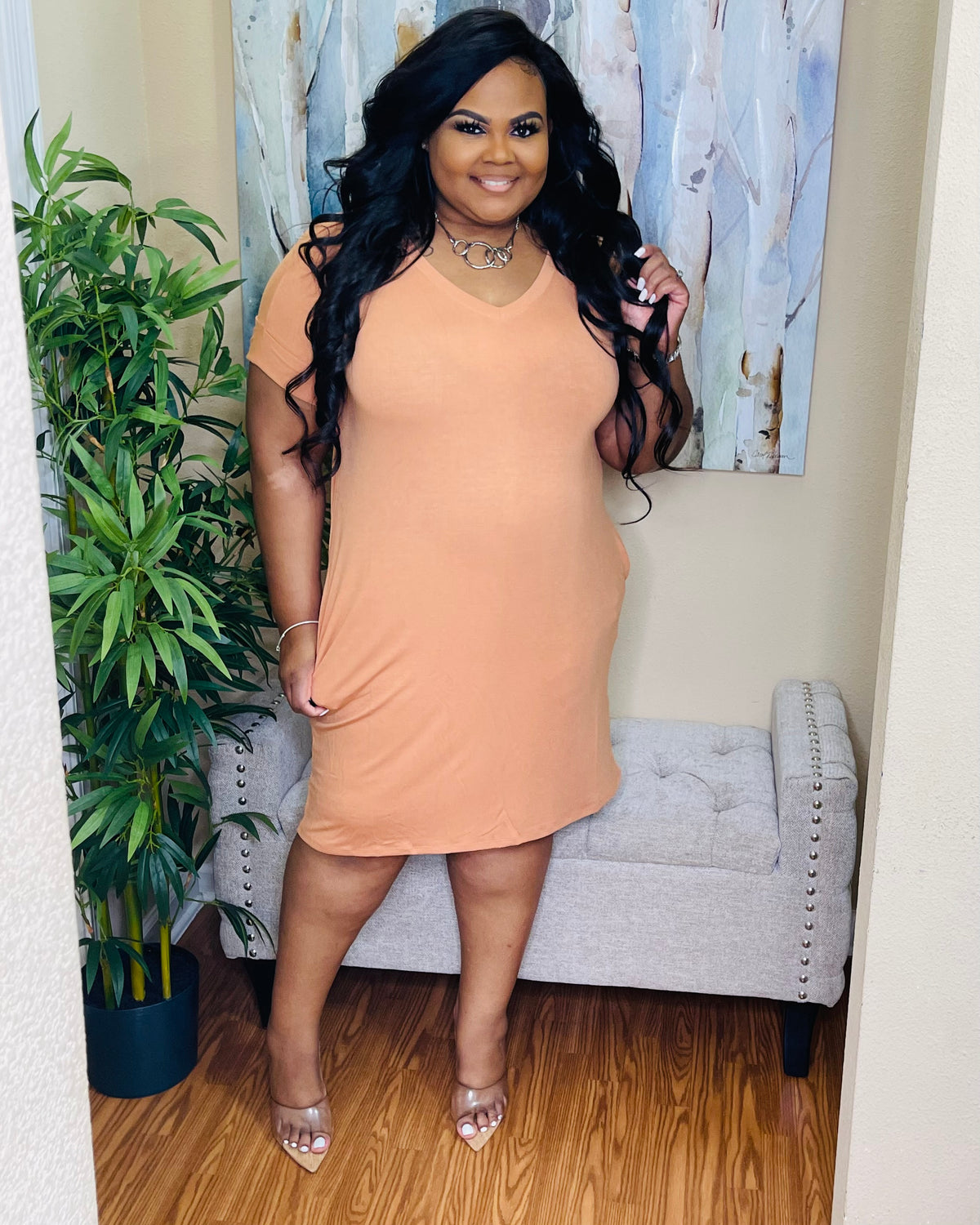 Butter Orange V-Neck Plus T-Shirt Dress