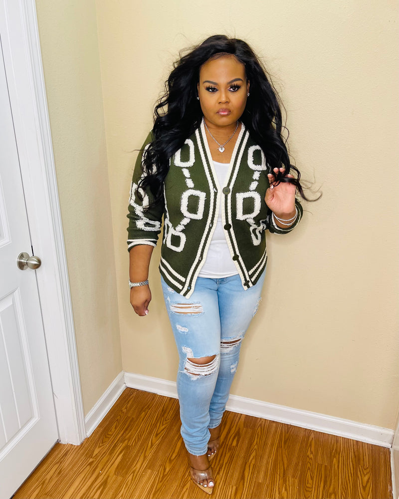 Olive/White Sweater Cardigan