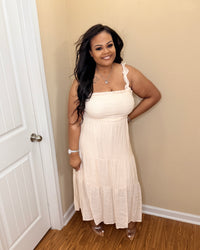 Beige Ruffled Strap Tiered Midi Dress