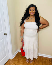 Beige Ruffled Strap Tiered Midi Dress