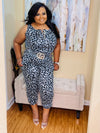 Blue leopard sleeveless jumpsuit