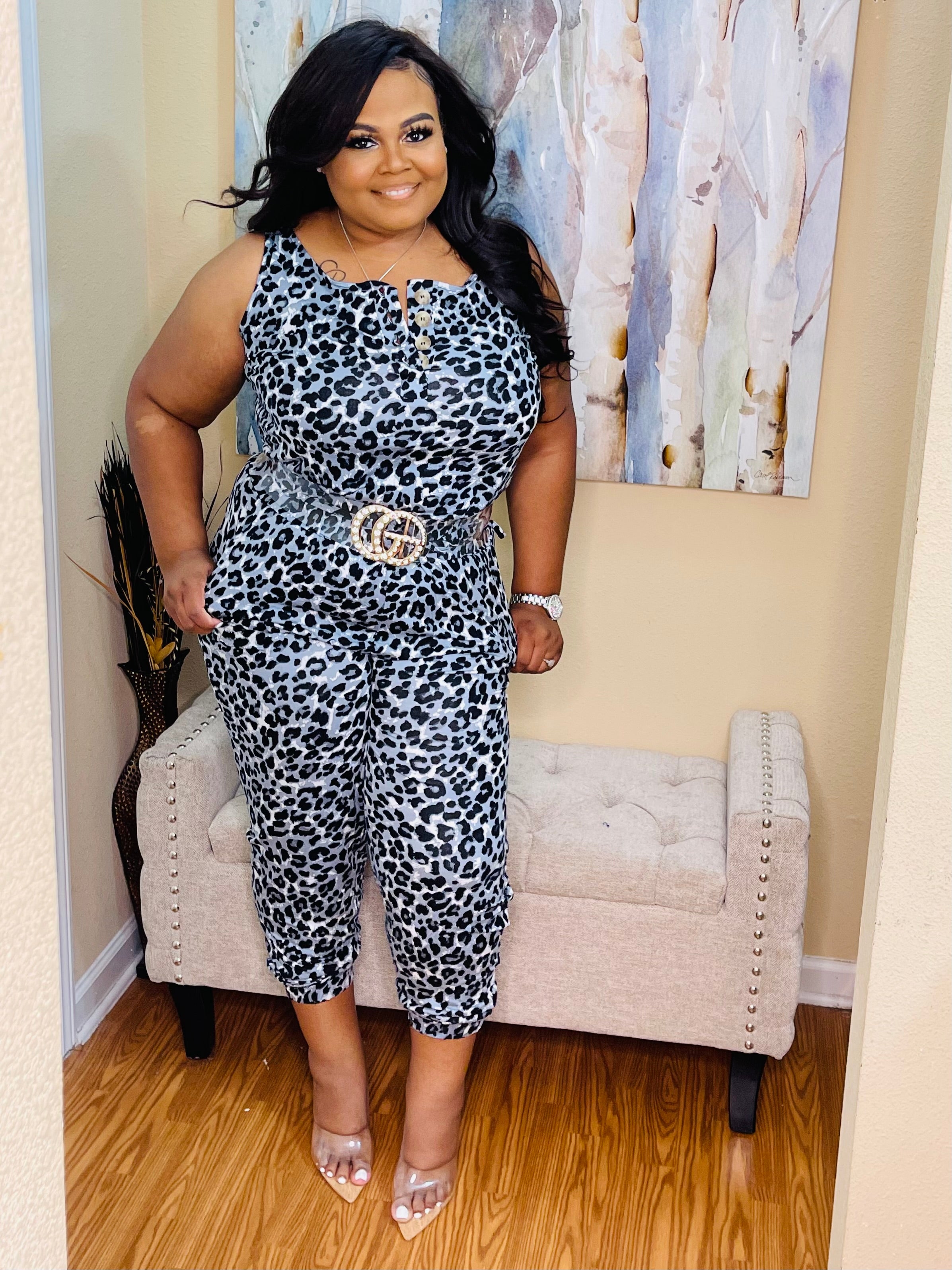 Blue leopard sleeveless jumpsuit