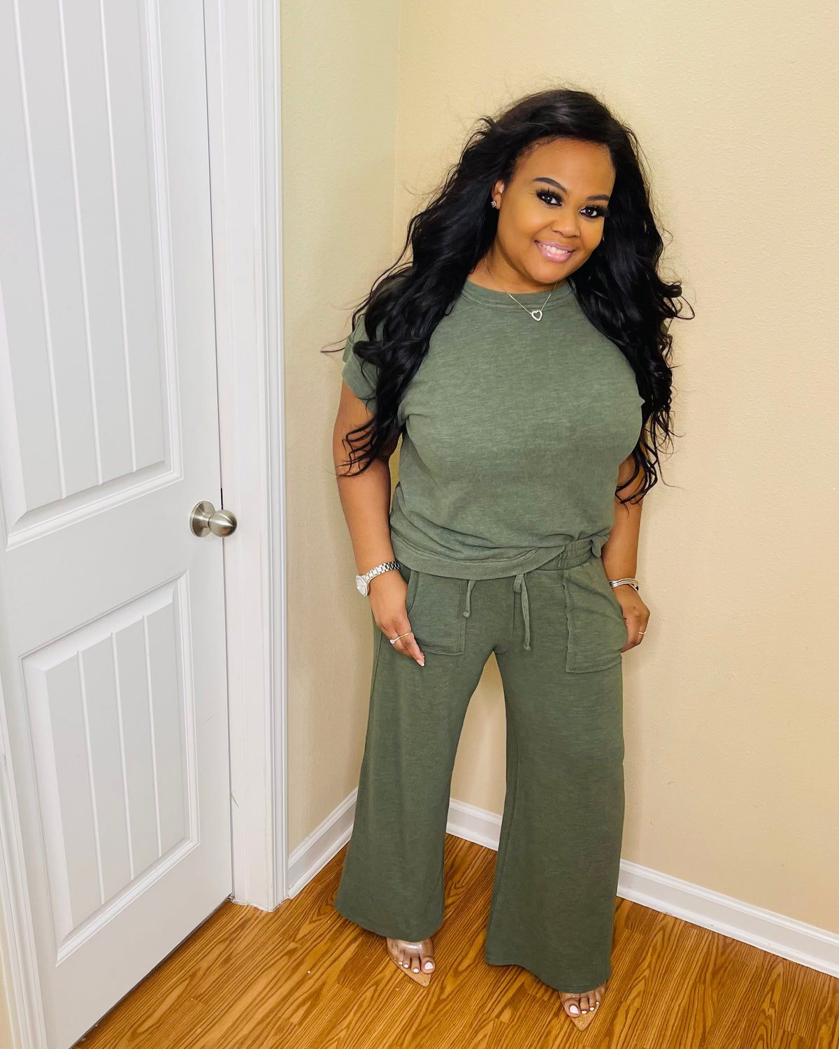 Dk Olive washed slub pant set