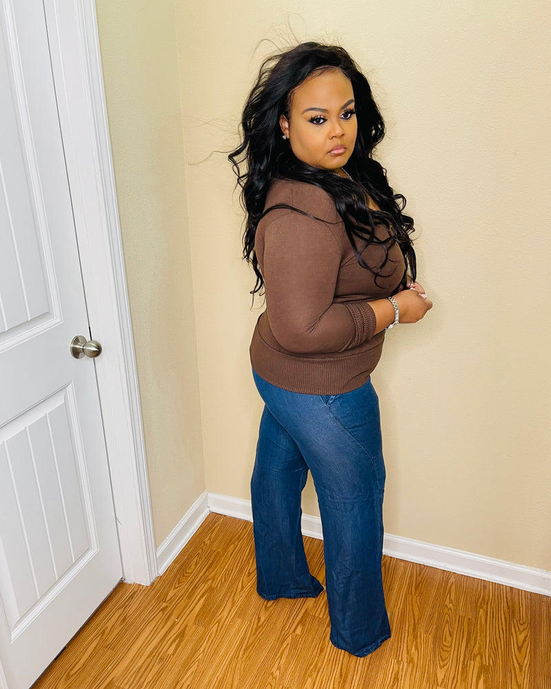 Dark Denim Elastic Waist Wide Leg Pant