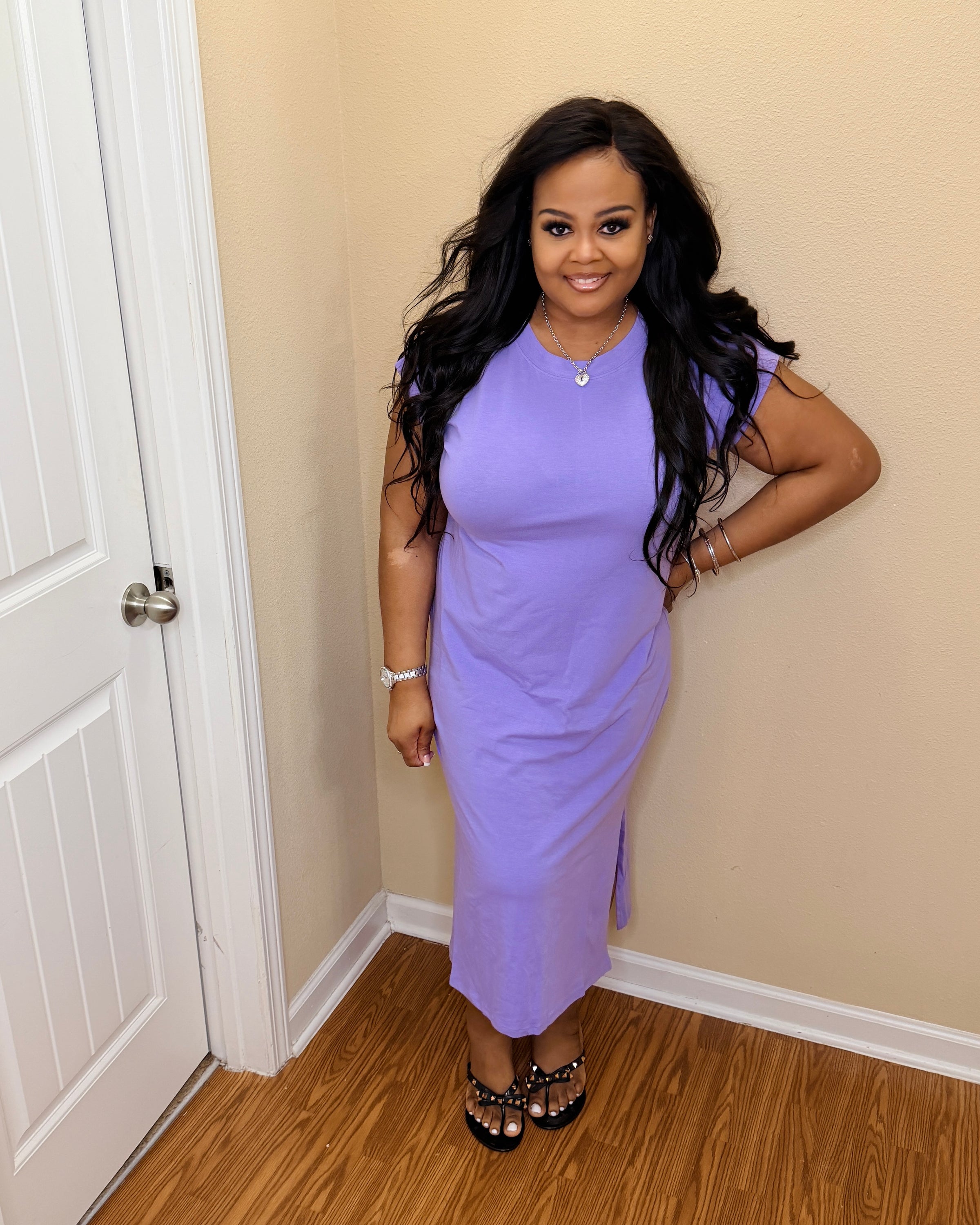 Lavender Round Neck SS Midi Dress