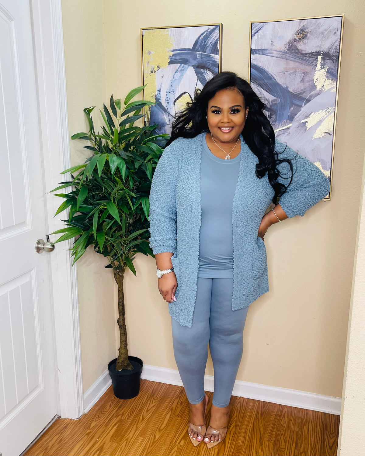 Blue Grey 3pc Popcorn Cardigan Lounge Set