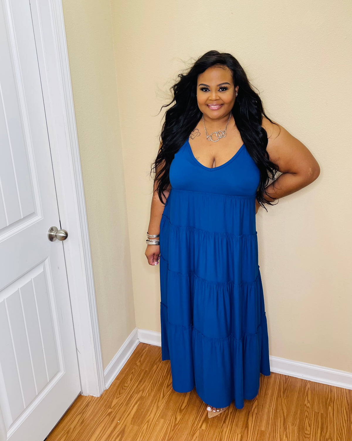 Lt. Navy Tiered Strap Plus Maxi Dress