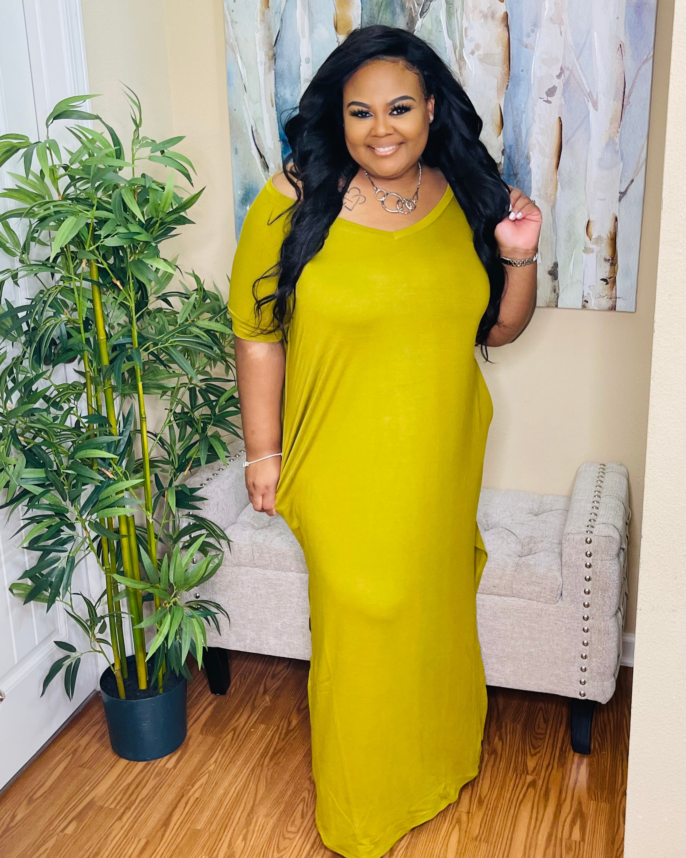 Olive mustard slit vneck maxi