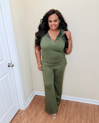 Dark Green Short Sleeve Zip Pant Set