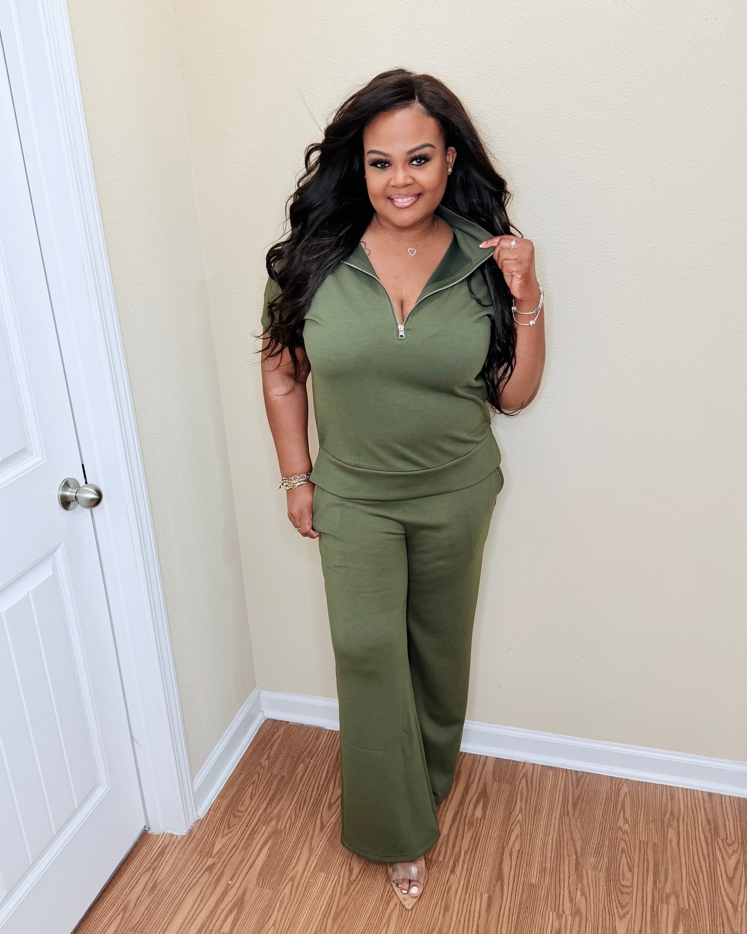 Dark Green Short Sleeve Zip Pant Set