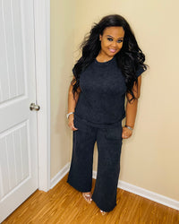Black washed slub pant set