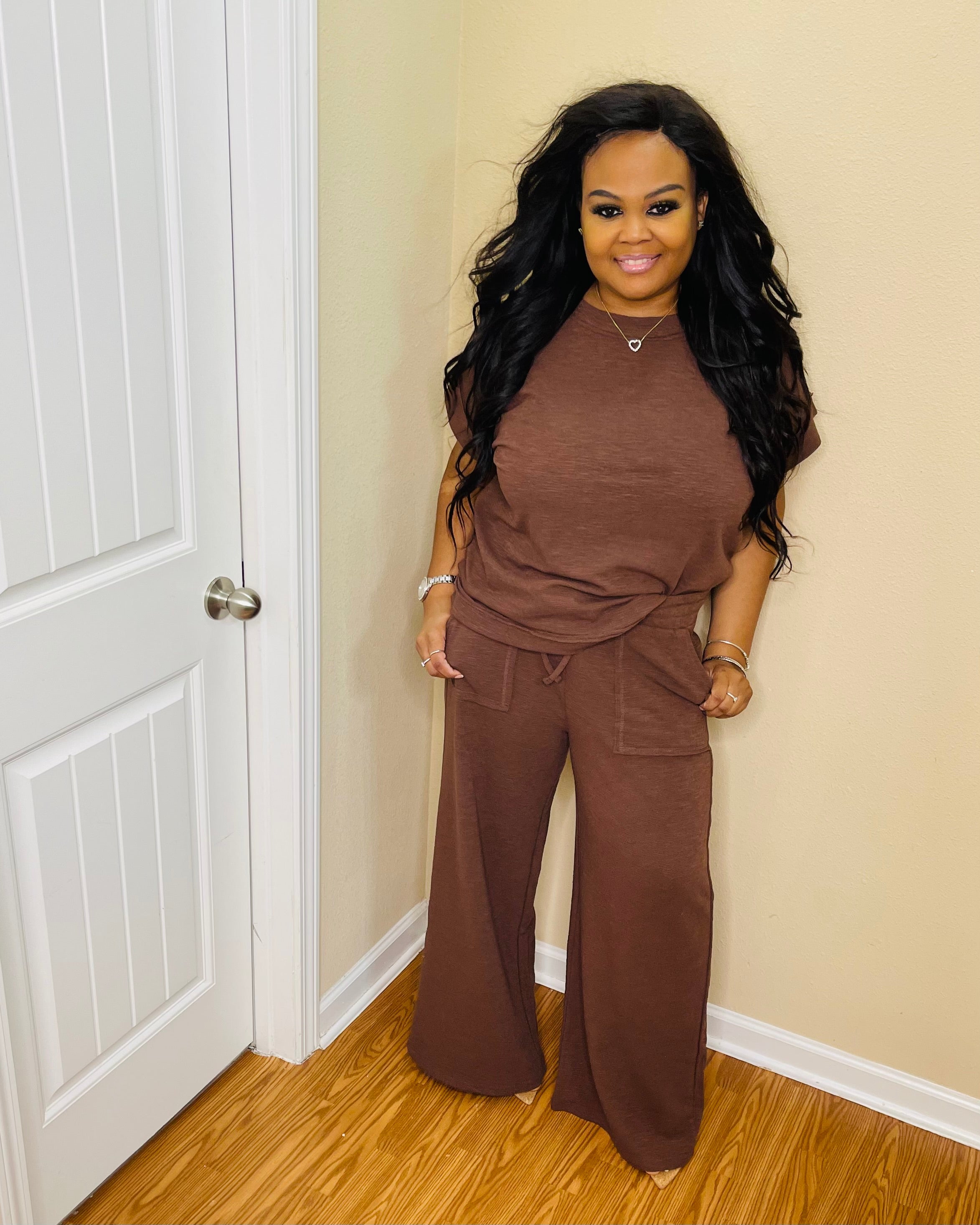 Brown Plus Slub Pant Set