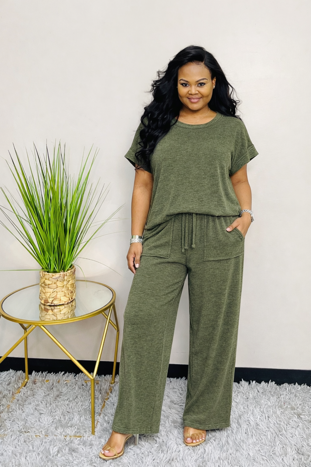 Dk Olive washed slub pant set
