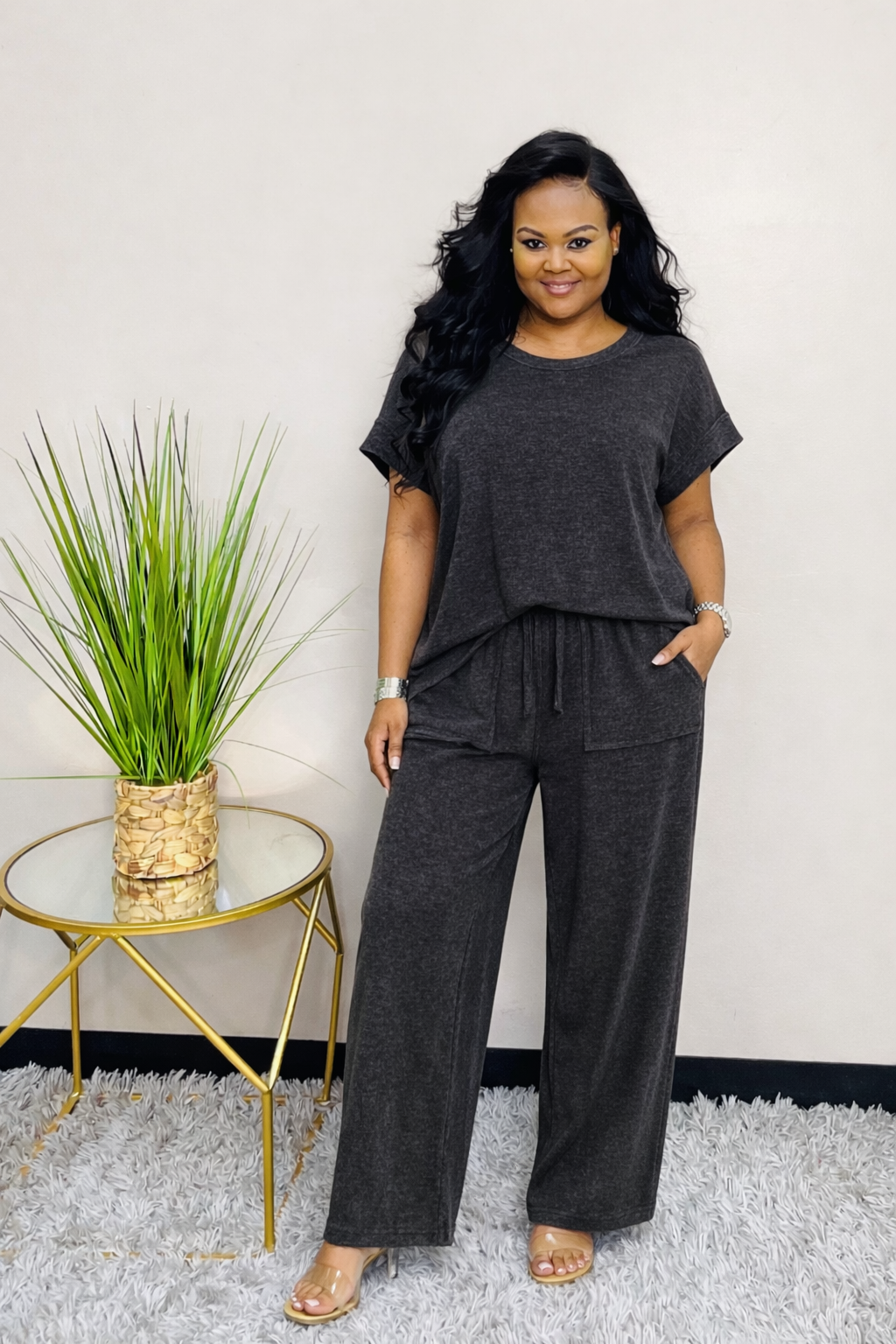 Black washed slub pant set