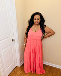 Deep Coral Tiered Strap Plus Maxi Dress