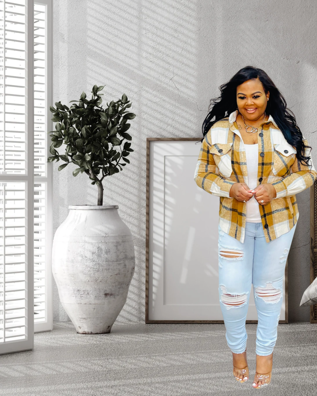 CAMEL PLUS PLAID SHACKET