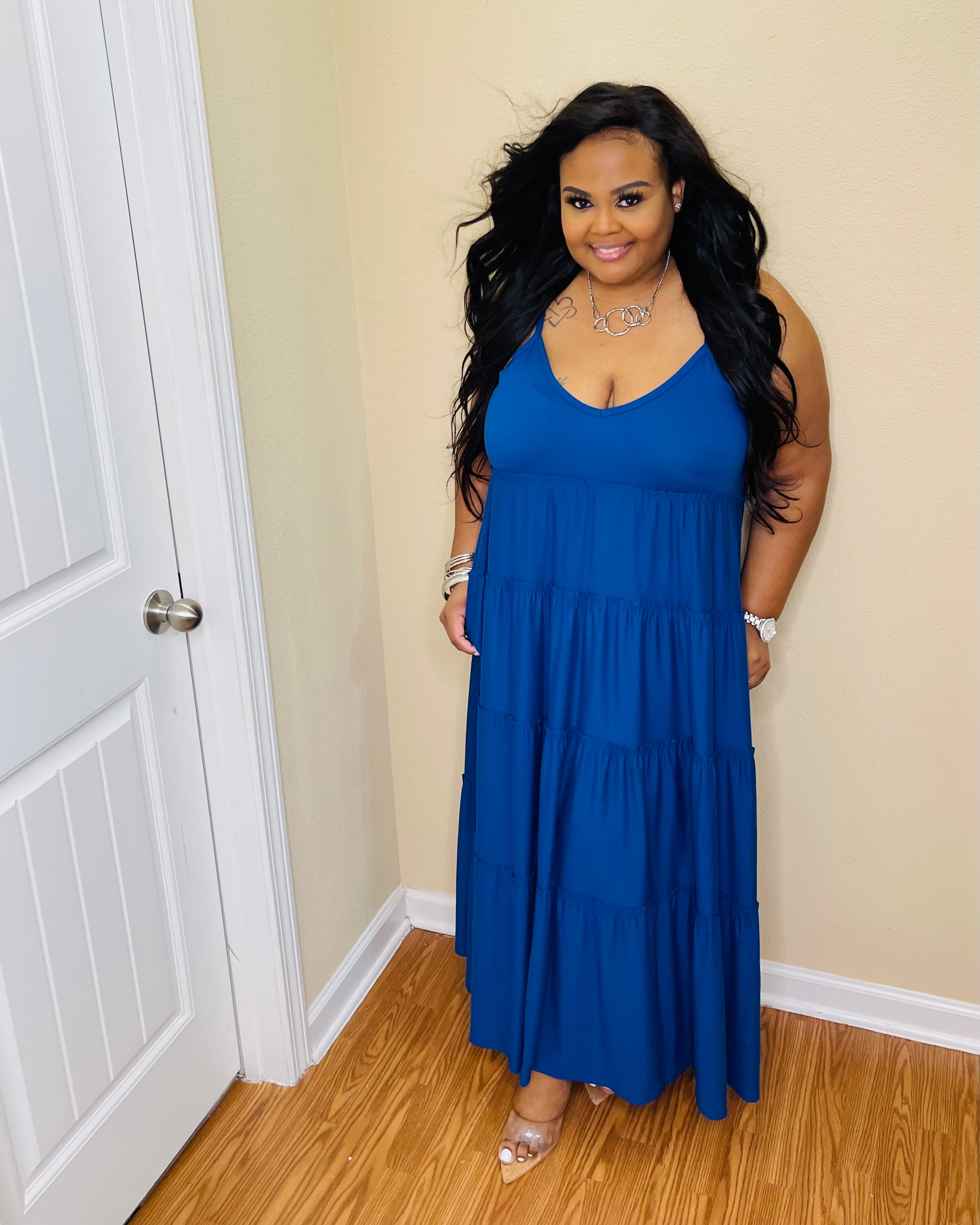 Lt. Navy Tiered Strap Plus Maxi Dress