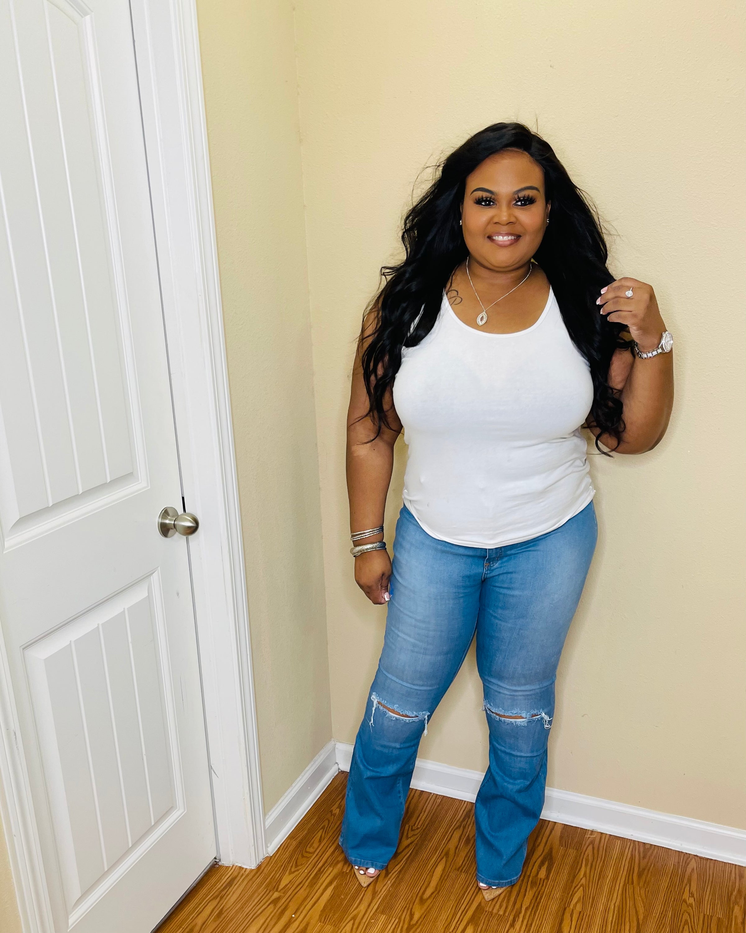 Medium Blue Denim Plus Slit Pants