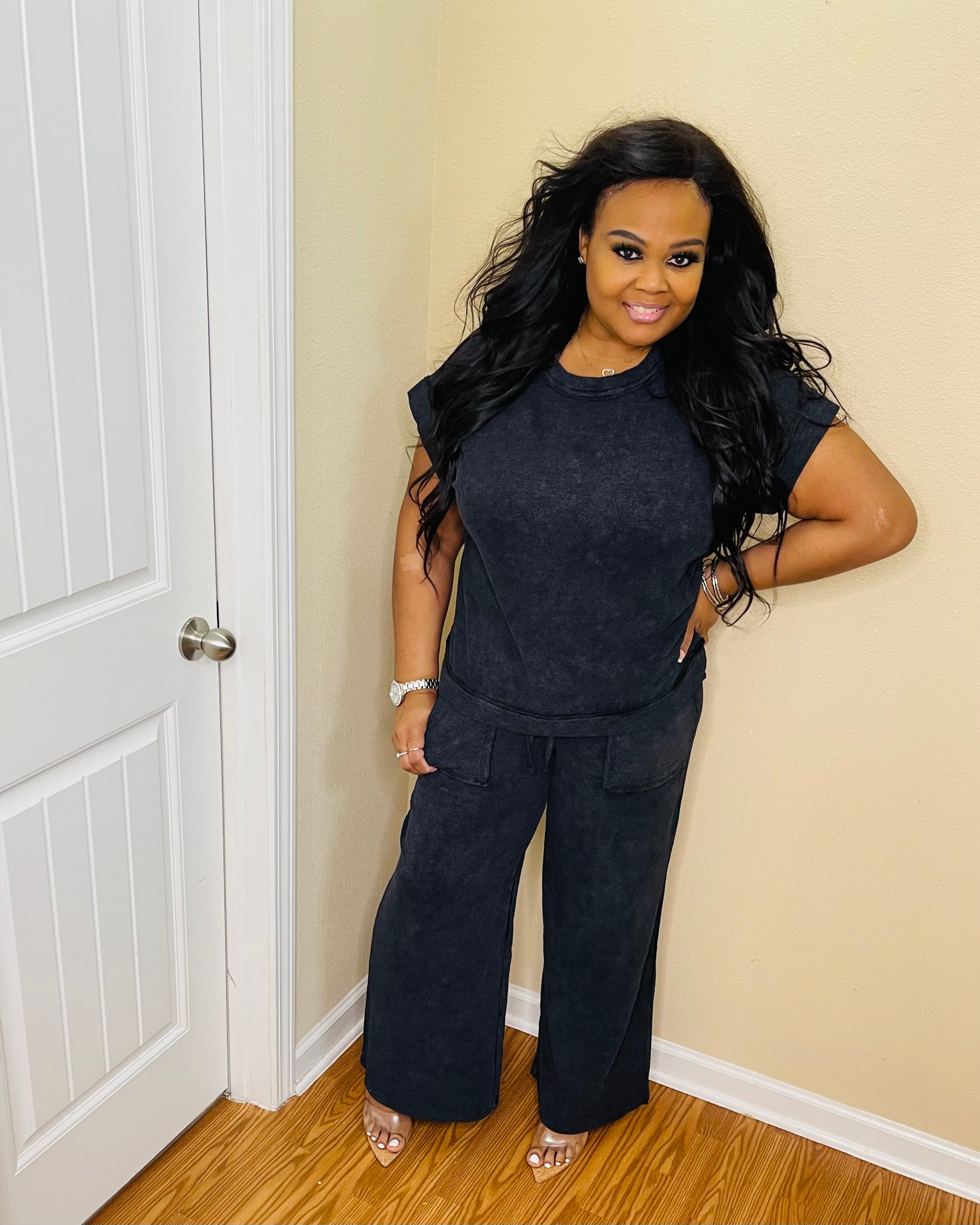 Black washed slub pant set