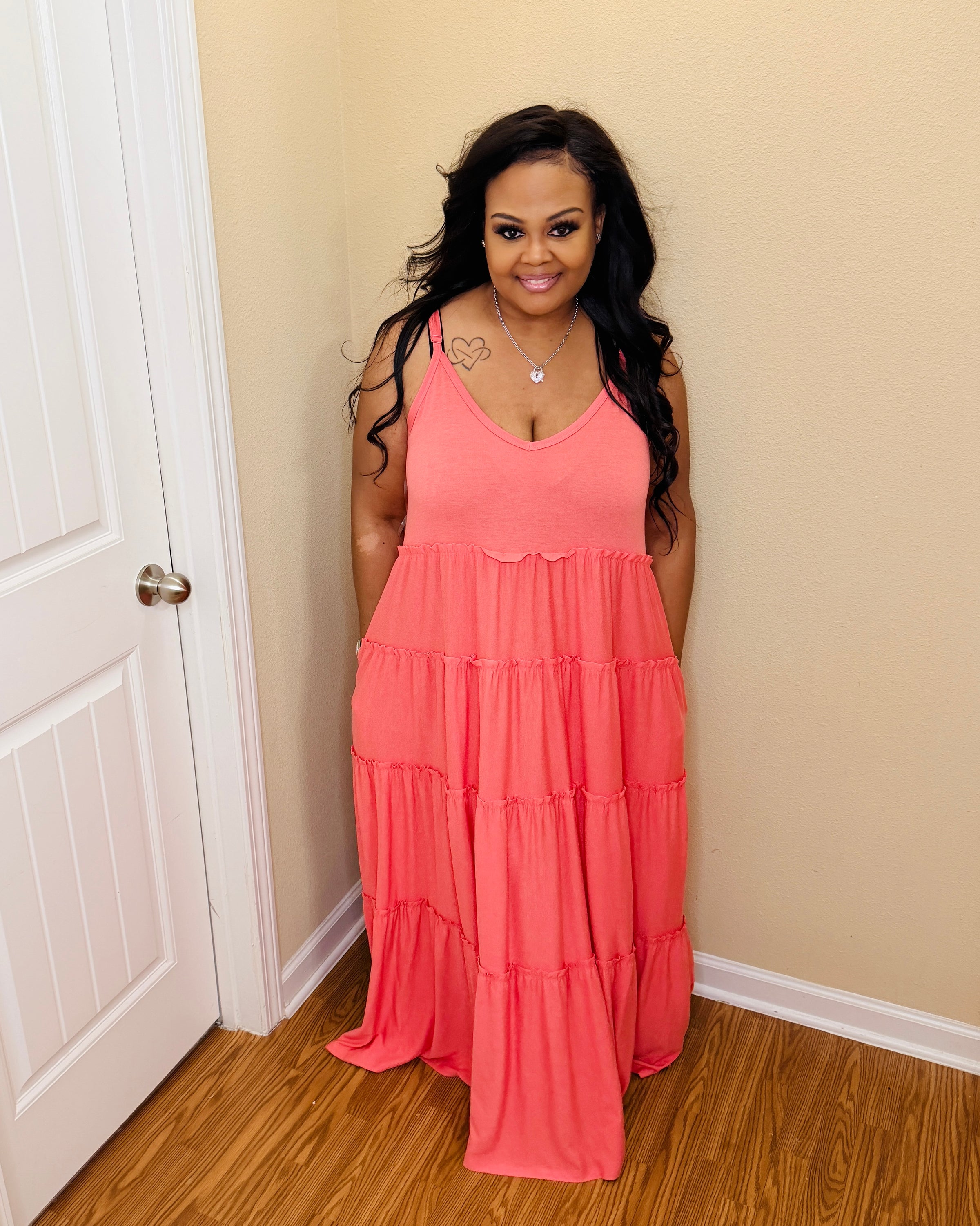 Deep Coral Tiered Strap Plus Maxi Dress