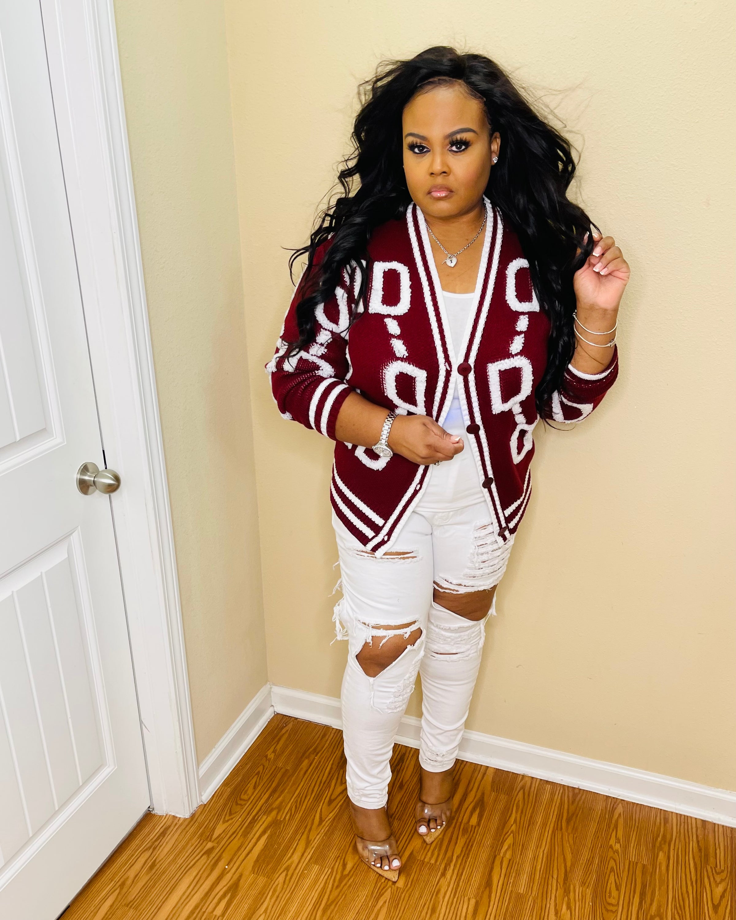 Burgundy/White Sweater Cardigan