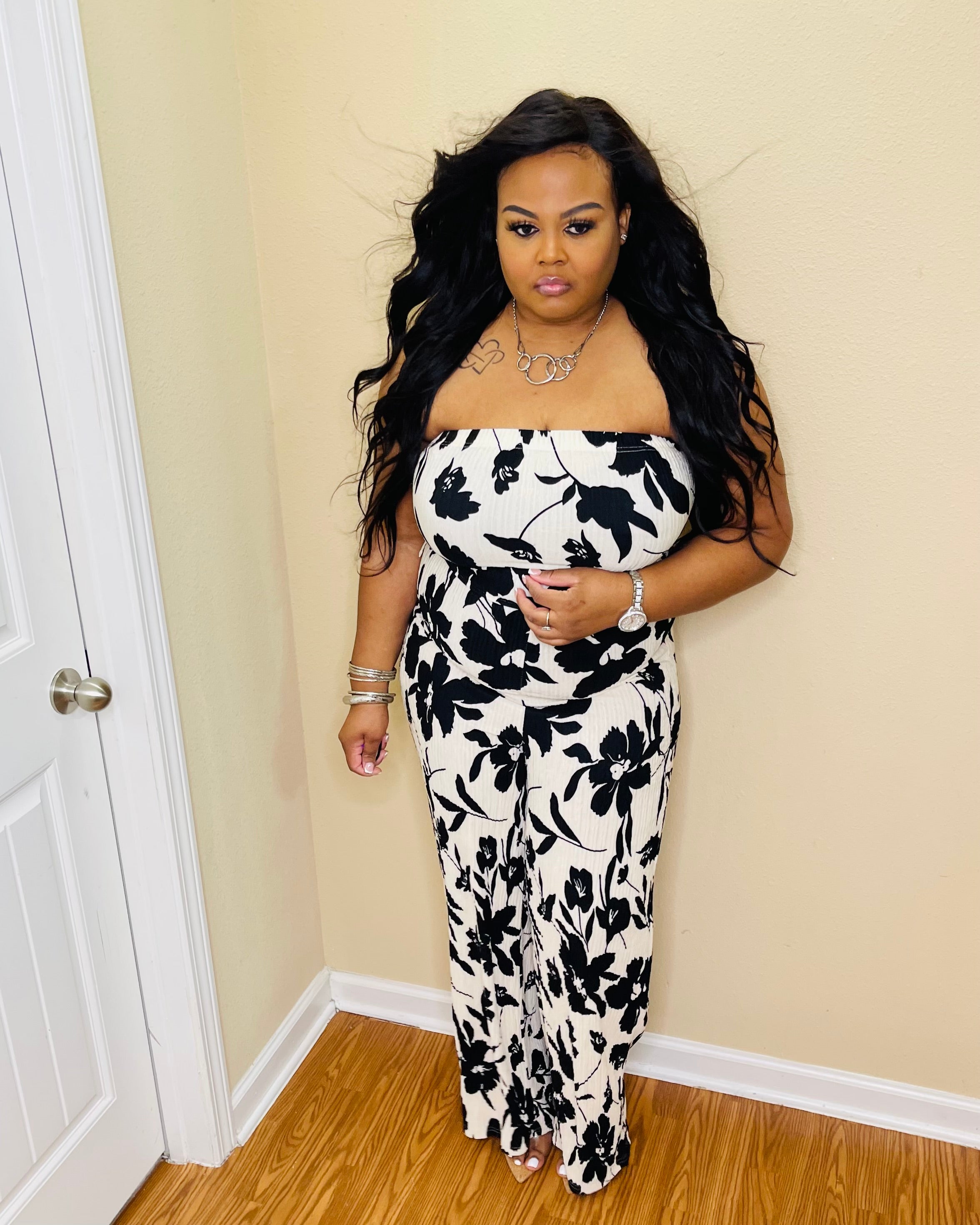 Black Floral Printed Strapless Tube Jumpsuit With Belt