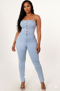 Light Denim Strapless Button Up Jumpsuit