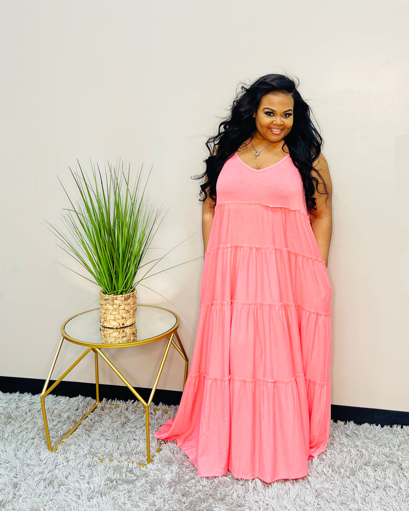 Coral Pink Tiered Strap Plus Maxi Dress