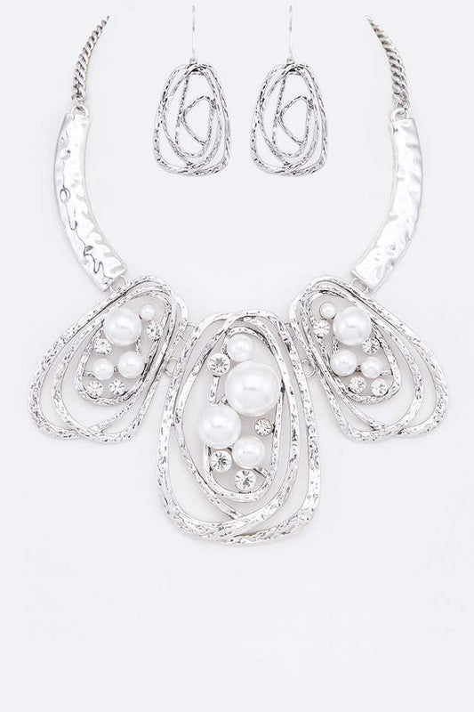 Silver Pearl Crystal Statement Necklace Set