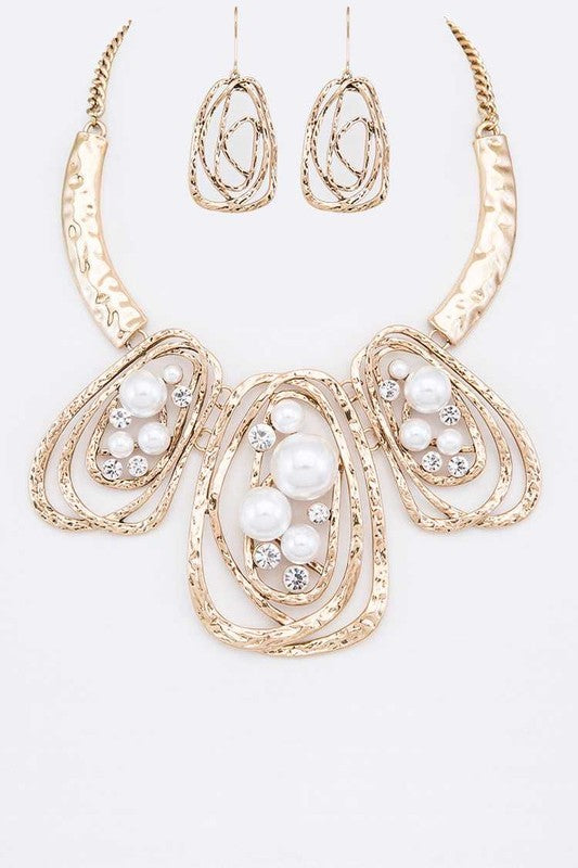 Gold Pearl Crystal Statement Necklace Set