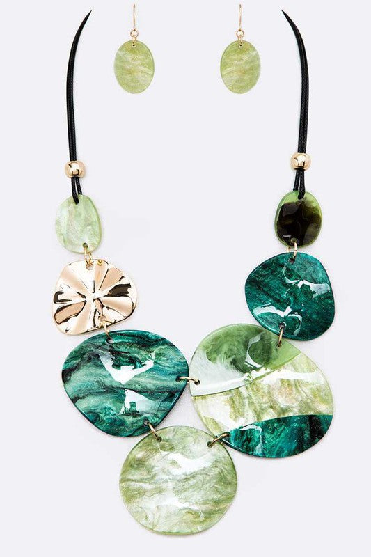 Green Mix Tone Resin Statement Necklace Set