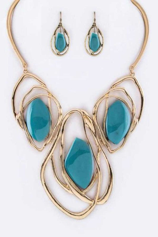 Turquoise/Gold Resin Stone Statement Collar Necklace Set