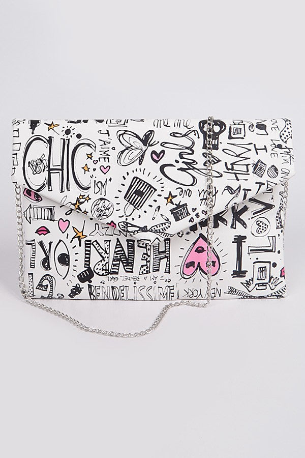 White Lovely Doodle Clutch