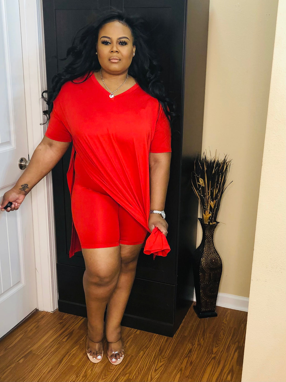 Red V Neck Oversize Top Set - PASH BOUTIQUE 